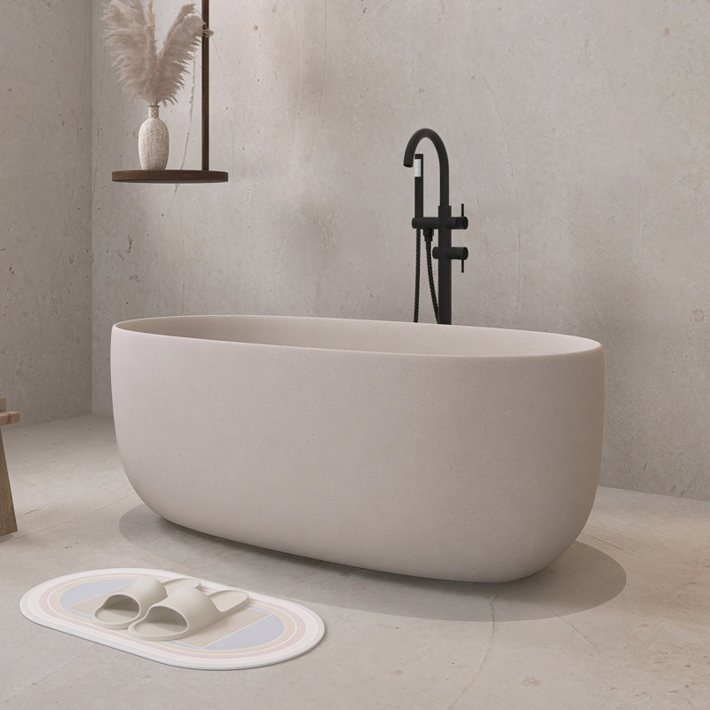 Baignoire de trempage en pierre autoportante 51 po moderne à surface solide avec trop-plein et bonde escamotable, Beige