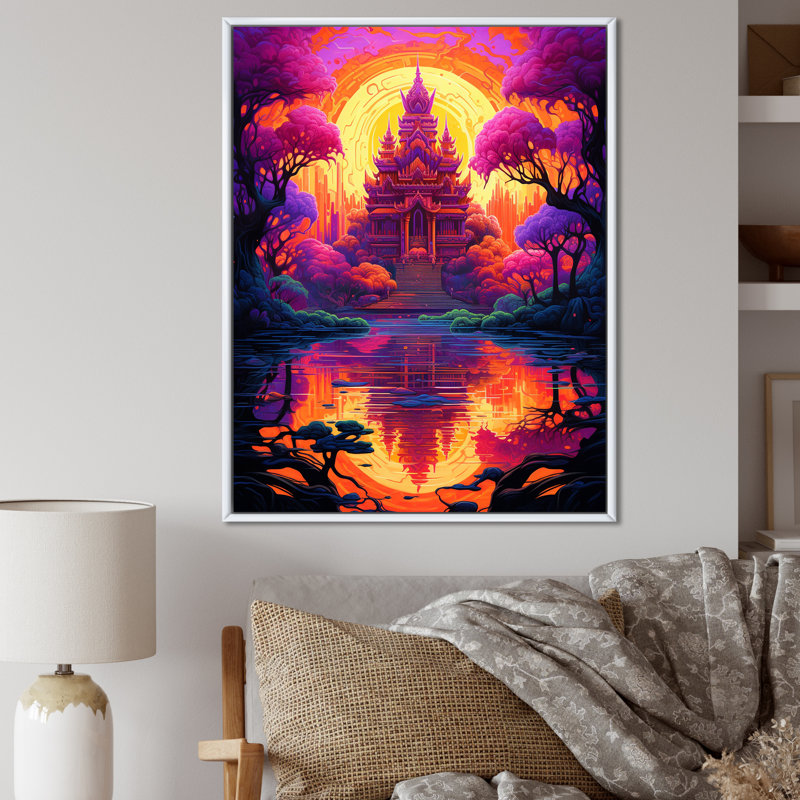 Temple bouddhiste thaïlandais, paysage de rêve spirituel I sur toile, Cadre flottant blanc, H 20 po x l 12 po