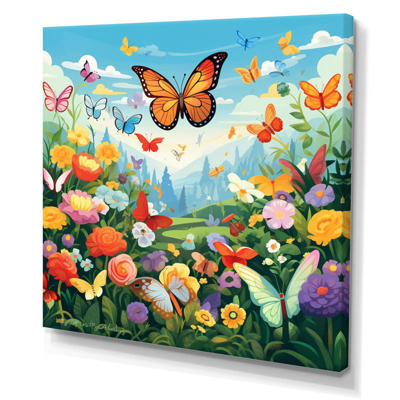 Papillon monarque orange, champ de fleurs idyllique I, H 36 po x l 36 po x P 1,5 po, Toile tendue
