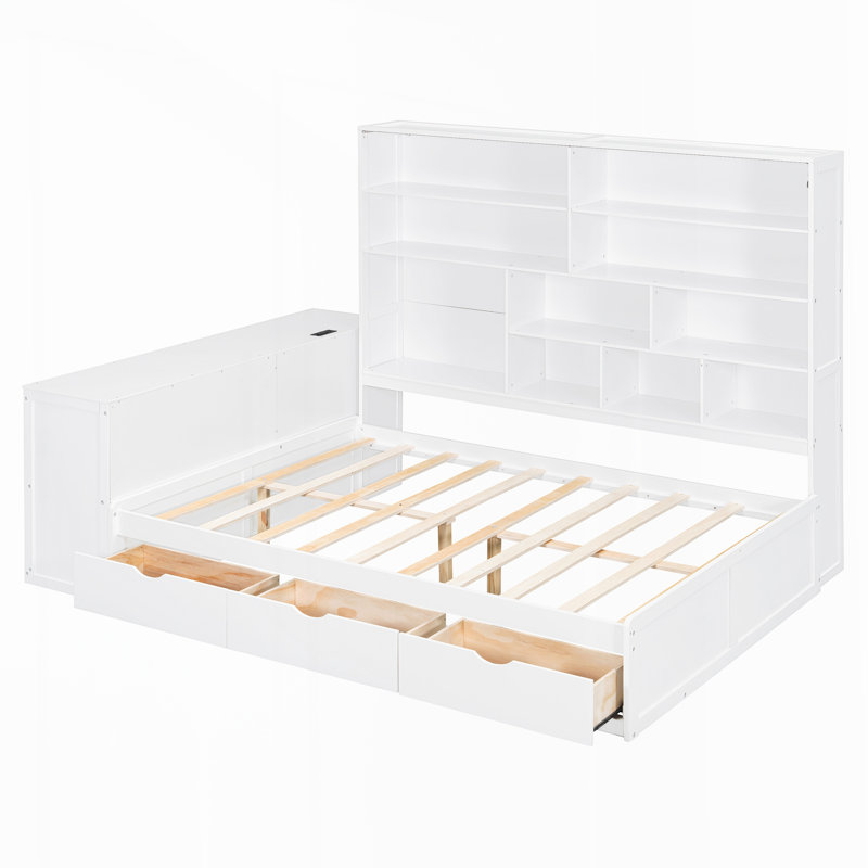 Lit de jour en bois avec trois tiroirs, bureau, tablettes et lumières UnaNoxa, Blanc