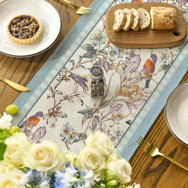 Chemin de table oiseaux et fleurs - beige - 13 x 72 pouces, décoration de maison et de fête printanière