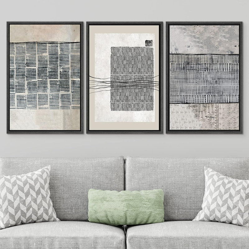 Geometric Line Black Tan Industrial Line Art Pattern Abstract Shapes Cozy Neutral Framed On Canvas 3 Pieces Print