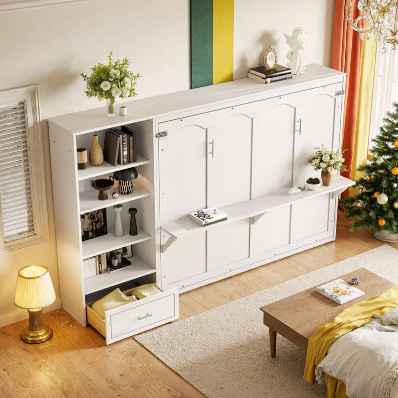 Grand lit escamotable avec compartiments de rangement, base de lit murale, lit plateforme pliable avec tiroir et tablettes UnaAlba