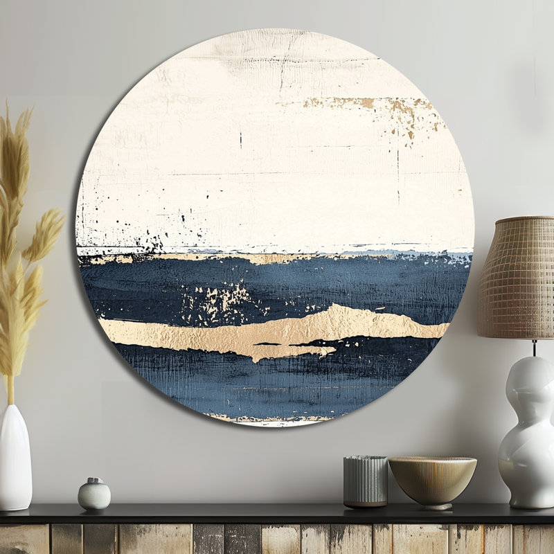 «Ocean Breeze Minimalist Horizon», art mural rond grand paysage abstrait, métal doré, H 16 po x l 16 po