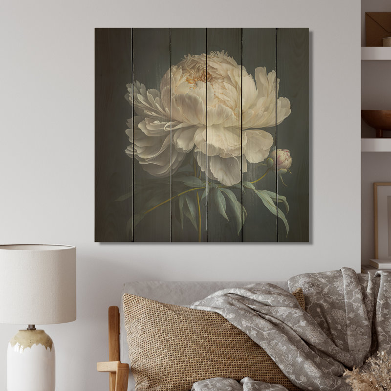 Blooming White Peony V - Art mural en bois pivoine florale - Bois de pin naturel, L 30 po x H 30 po