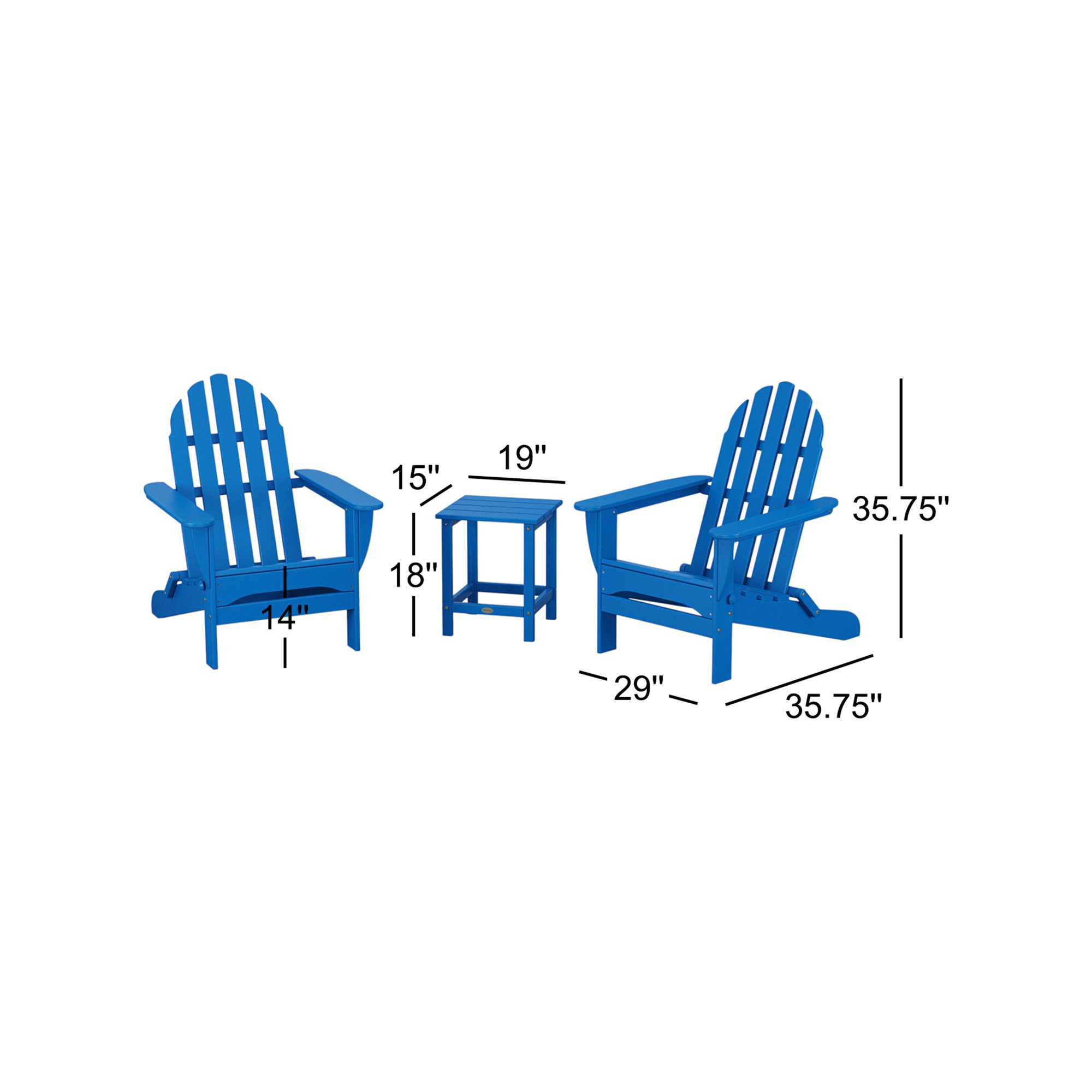 Classic Folding Adirondack 3-Piece Set with Long Island 18" Side Table, Pacific Blue