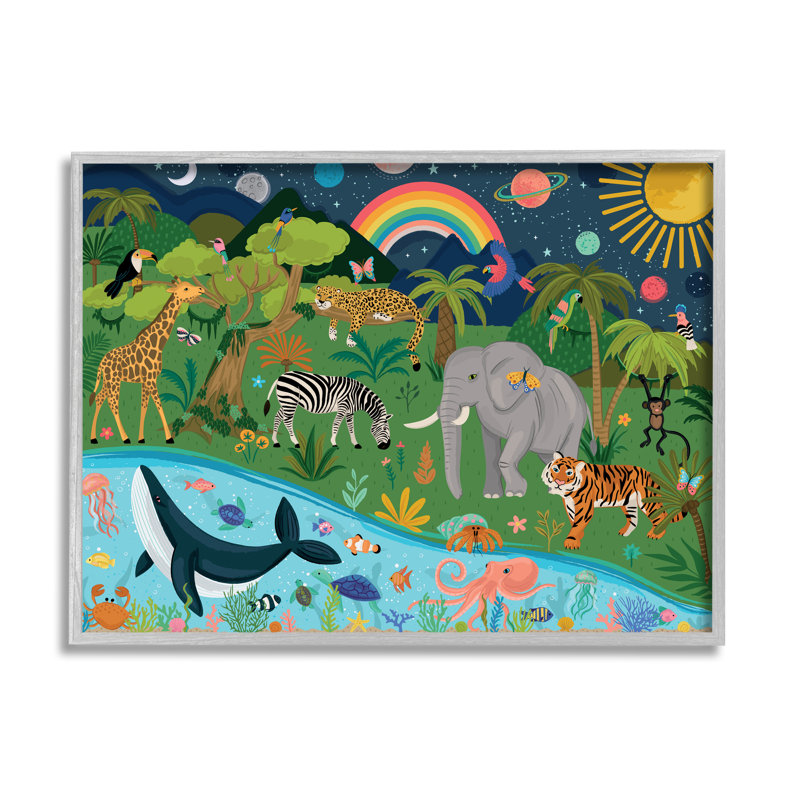 «Jungle Animals Sea Creatures Under Night Sky Planets» par Lisa Perry White bouton, L 14 po x H 11 po