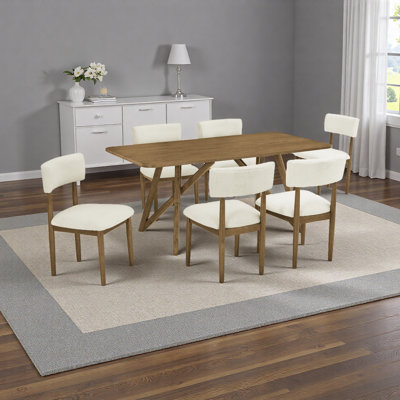 7Pc 70"W Rectangular Walnut Oak Geometric Cross Base Dining Set