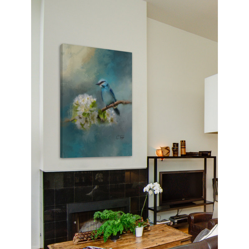 « blue song oiseau », reproduction de peinture à l’acrylique sur toile tendue, H 24 po x l 16 po