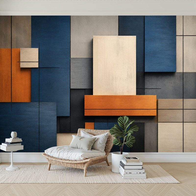 Panneau mural auto-adhésif moderne pour la chambre à coucher Peel and Stick L 69 po x l 96 po avec imprimé géométrique abstrait en bois bleu