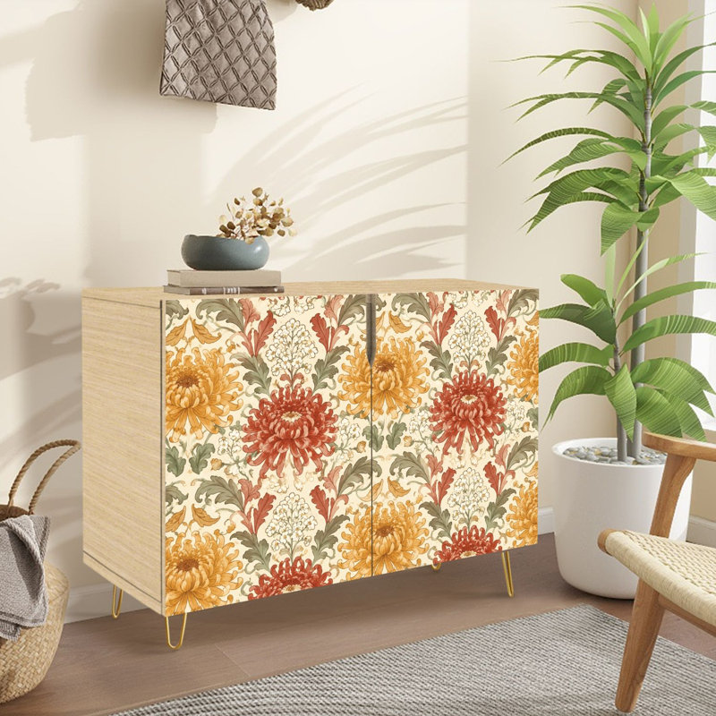 Buffet Buffet avec rangement Vintage Botanical Floral rouge jaune avec 2 portes pour le salon et la cuisine