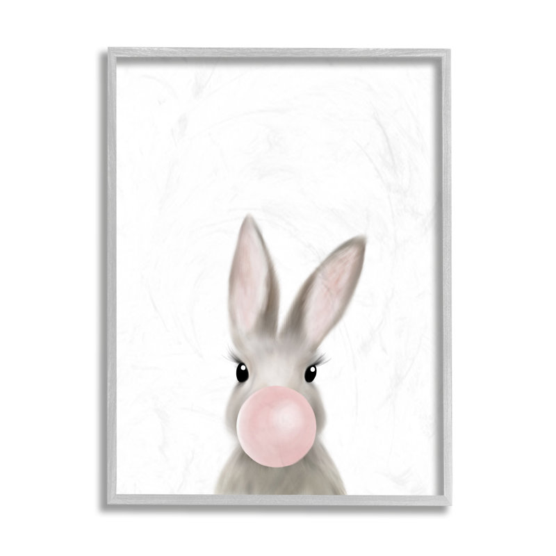 Lapin avec gomme à bulles rose, animal de la forêt, H 20 po x l 16 po x P 1,5 po, Estampe numérique Farmhouse