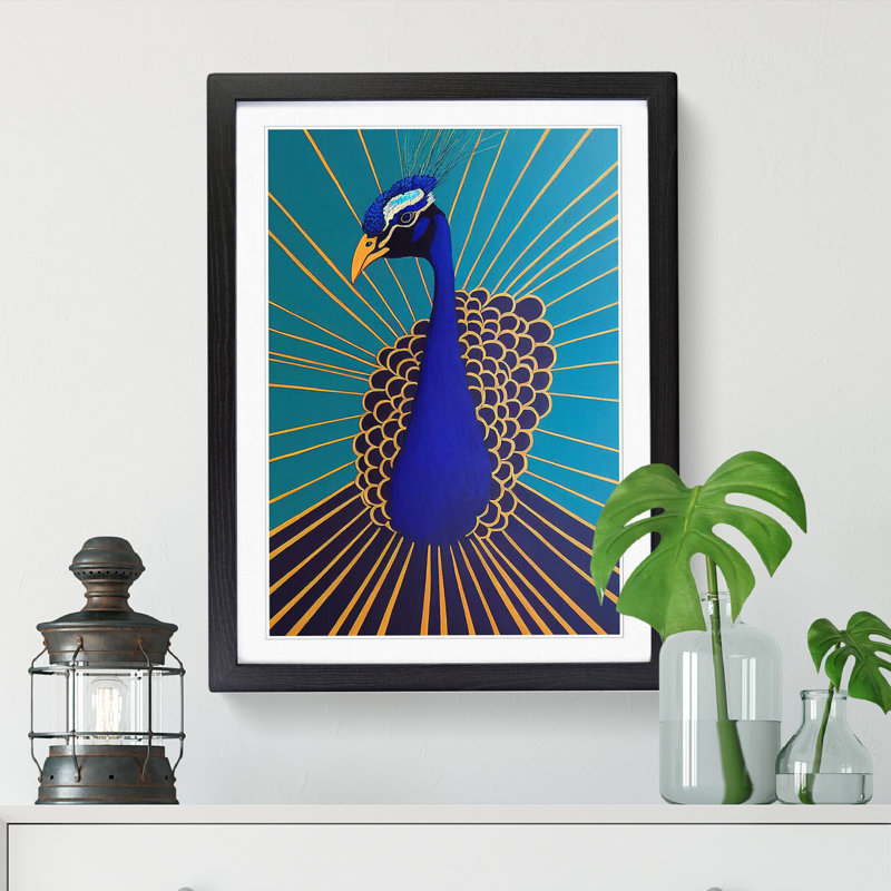 Peacock Minimalism - Single Picture Frame Painting, Black, 64cm H x 46cm W x 2cm D