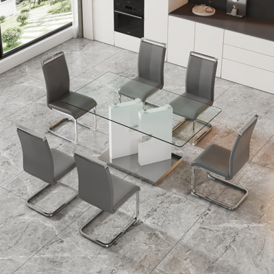 63"  Dining Table Set, Glass Dining Room Table Set With PU Leather Chairs