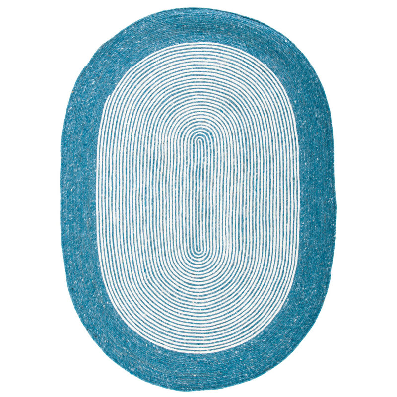 Tapis en laine / coton tissé à la main en bleu sarcelle / ivoire Mcclellan, Ovale 4 pi x 6 pi