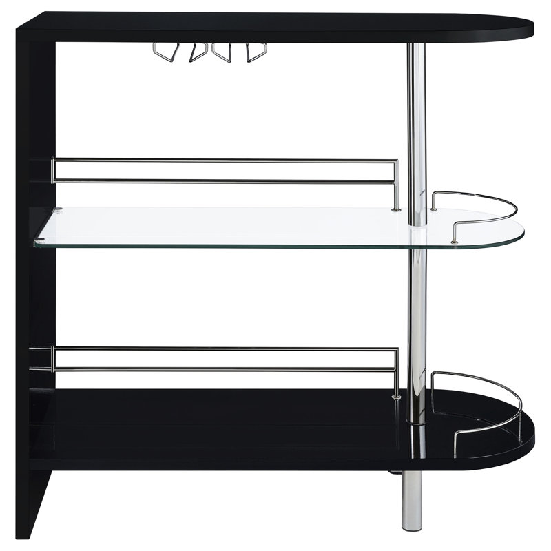 Table de salle à manger noire ultra brillante 2 avec rangement pour bouteilles de vin, surface en verre, hauteur de 41,05 po, largeur de 39,5 po, profondeur de 16,04 dans la pièce, et métal, hauteur, profondeur, couleur principale argentée