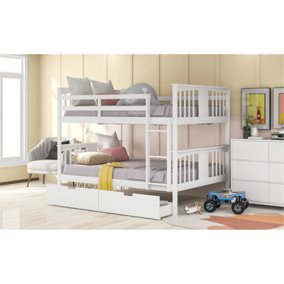 Full Over Full Bunk Bed With Drawers And Ladder For Bedroom, Guest Room Furniture-White