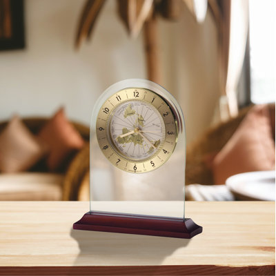 World Time Traditional Analog Rosewood Solid Wood Quartz Movement / Crystal Tabletop Clock with Alarm in Glass