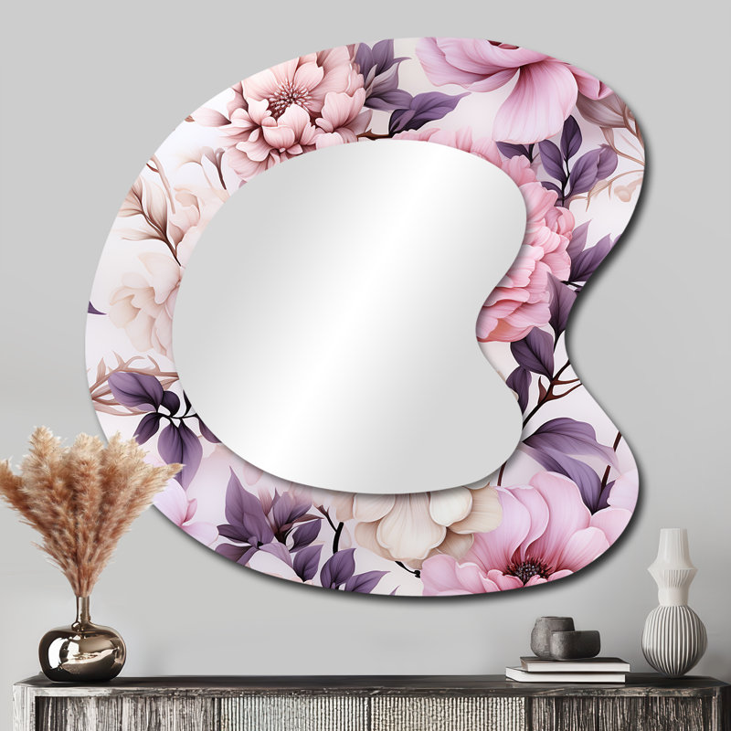 Motif botanique printanier fleurs mauves - miroir mural décoratif de forme unique floral, miroir asymétrique de chalet, impression d'art en métal