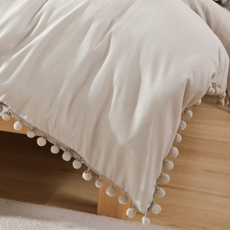 3 Pieces Ball Pom Fringe All Season Comforter Set, Soft OEKO-TEX Microfiber Boho Bedding for Bedroom Decor, Oatmeal