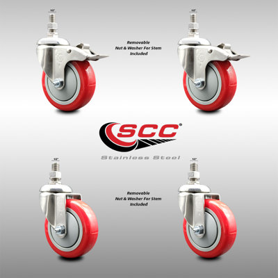 4 Inch 316SS Red Polyurethane ½ Inch Threaded Stem Caster Set 2 Lock Brake SCC
