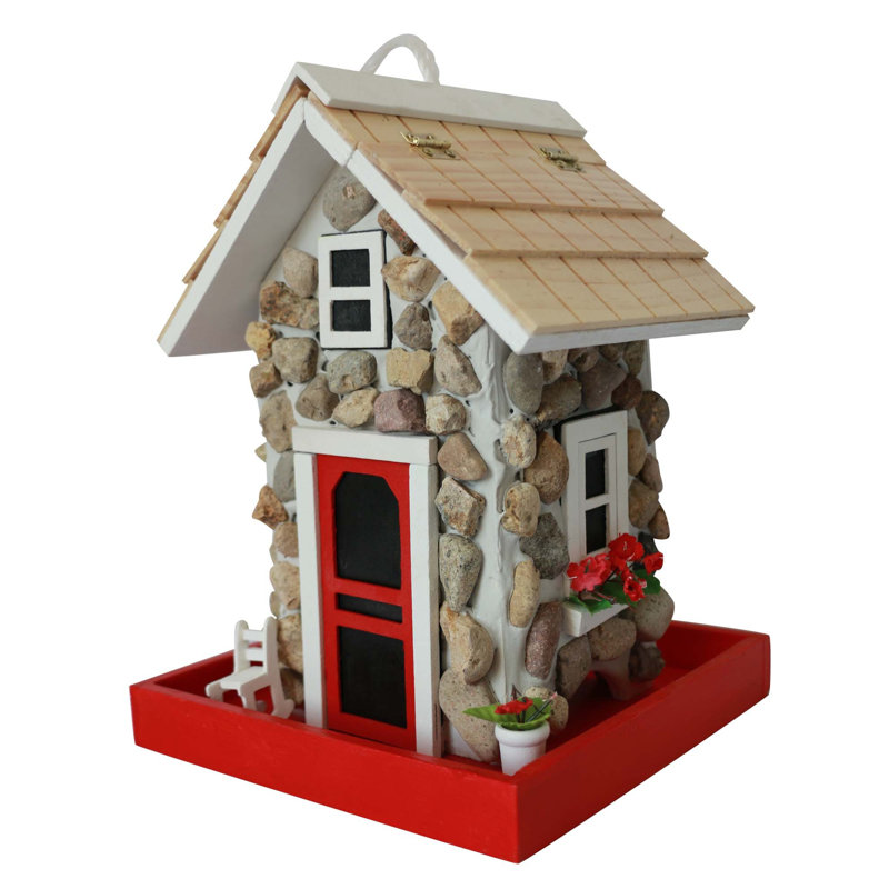 Rustic Stone Cottage Hanging Wood Bird Feeder