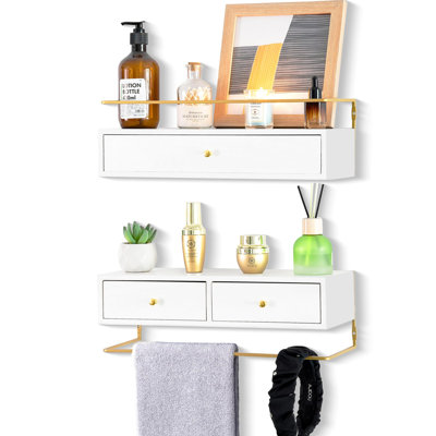 Floating Shelves With Drawers Set Of 2 - Wall Mounted Storage, White
