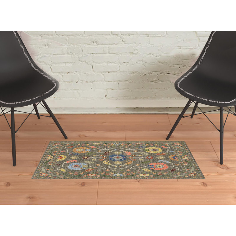 Oriental Machine Woven Gray/Yellow Wool and Nylon Blende Area Rug, Rectangle 2' x 3'