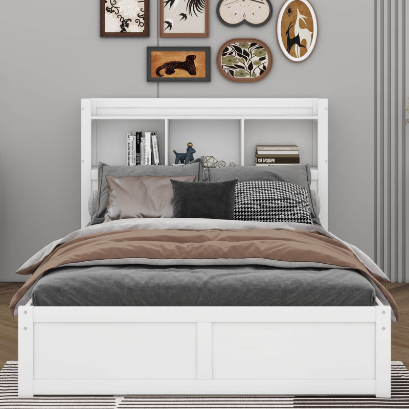 Full Storage Platform Bed With Pull Out Shelves, White