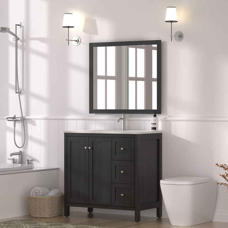 Meuble-lavabo de 35,5 po, finition noire, lavabo en résine, 3 tiroirs, portes à fermeture douce, conception éclaboussure, matériau en contreplaqué, structure à usage quotidien, longue durée