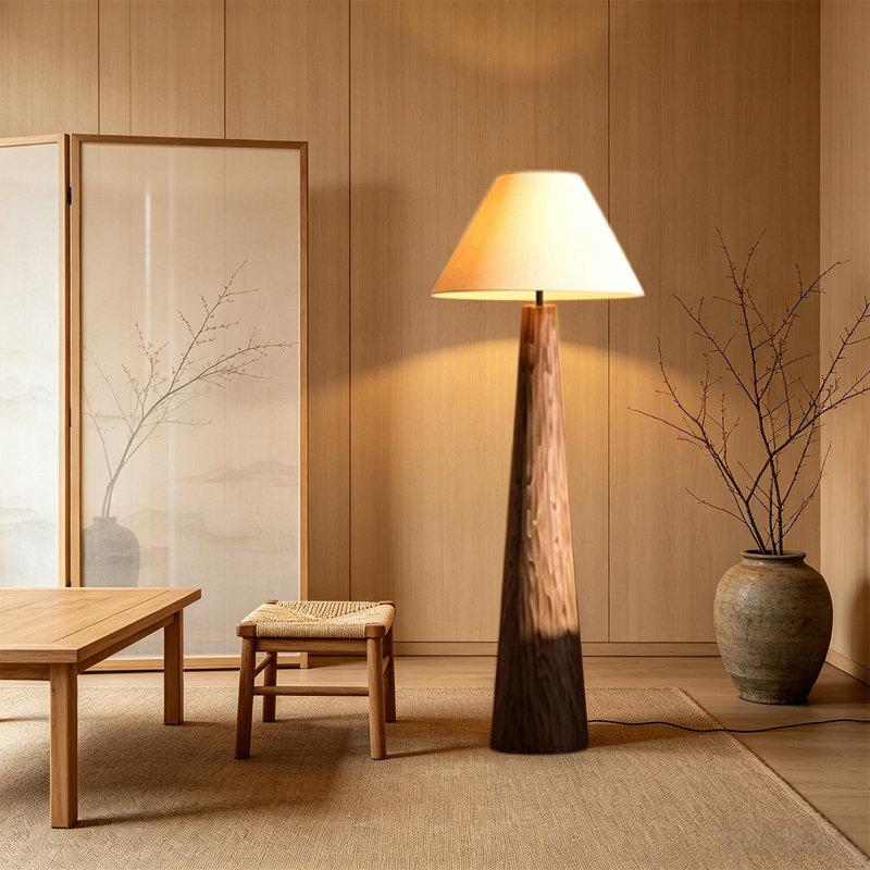 Beige-blanc + lin brun + lampes sur pied de forme libre en bois massif