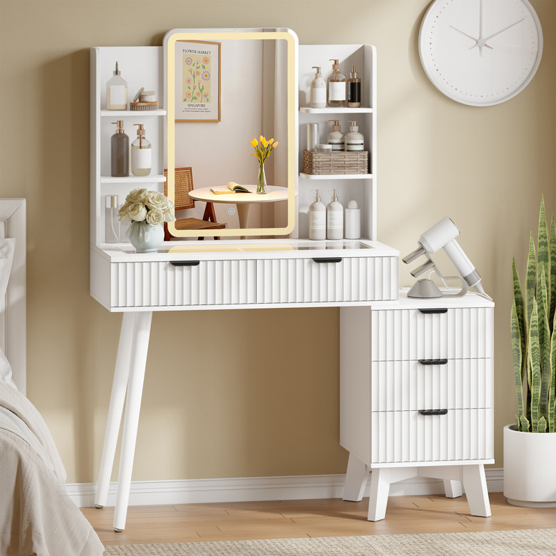 Fluted Vanity Desk with 5 Drawers, Built-in Power Outlet & 26" LED Mirror, 48" Large Fluted Dressing Table with Glass Top and Shelf