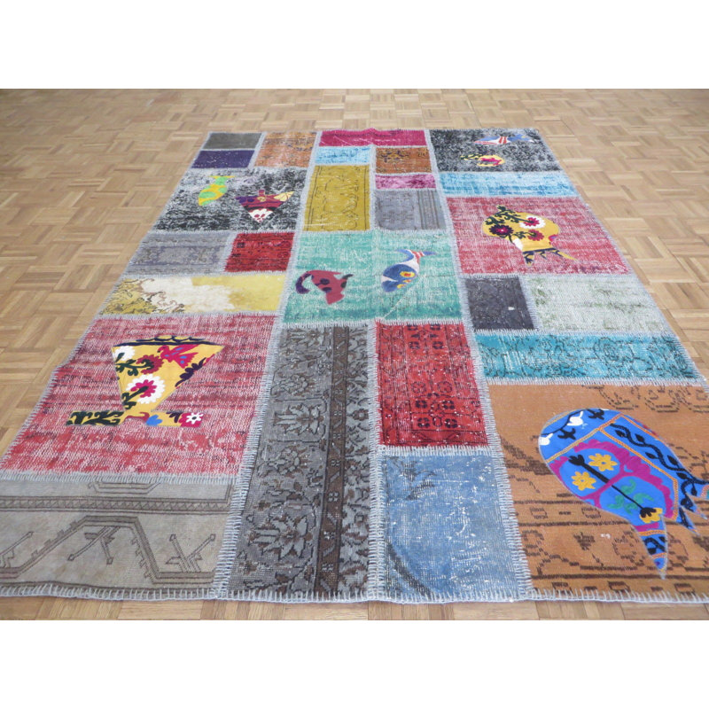 Tapis de zone en laine rouge/rose/bleu 5 pi 7 po x 8 pi 3 po one-of-kind-noué la main Hurst