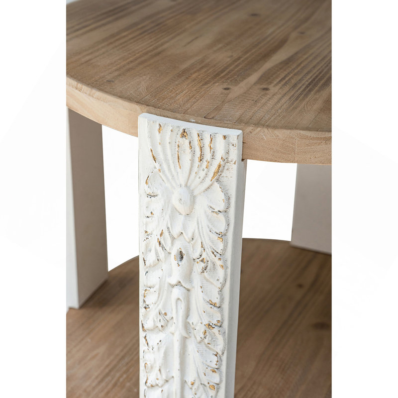 Table d'appoint ronde en bois à deux niveaux 20 x 20 x 19,7 po avec finition brun naturel et pieds blancs vieillis