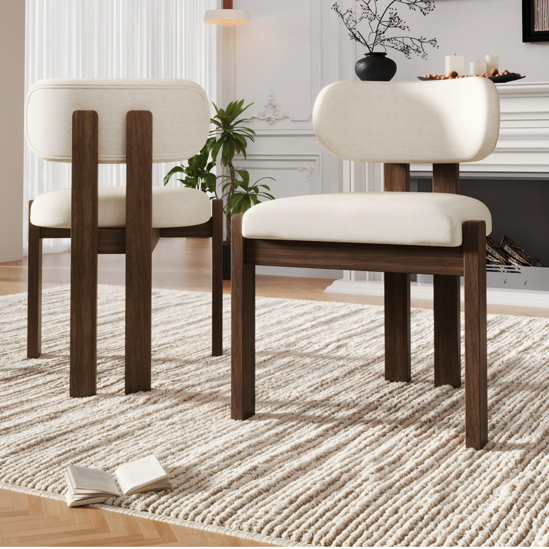 Boucle Upholstered Side Chair in Beige, Natural Wood, 2