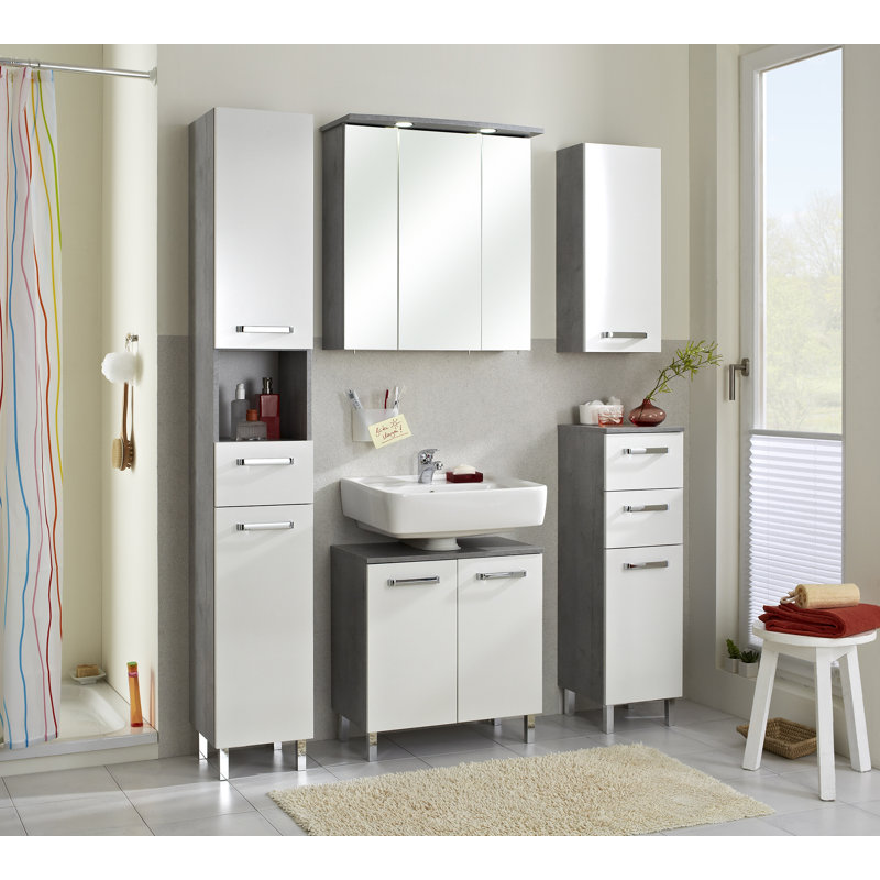 Quickset 913 60cm Single Bathroom Vanity Base Only in White Gloss/Concrete Effect