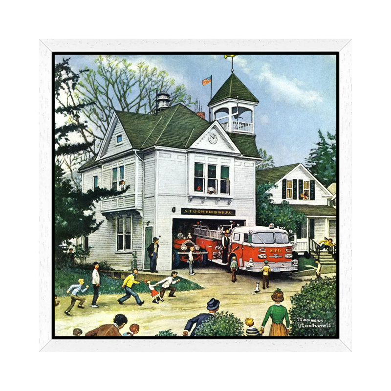 The New American LaFrance Is Here (Firehouse) by Norman Rockwell - Print on Canvas, White Framed, 45.72 cm H x 45.72 cm W