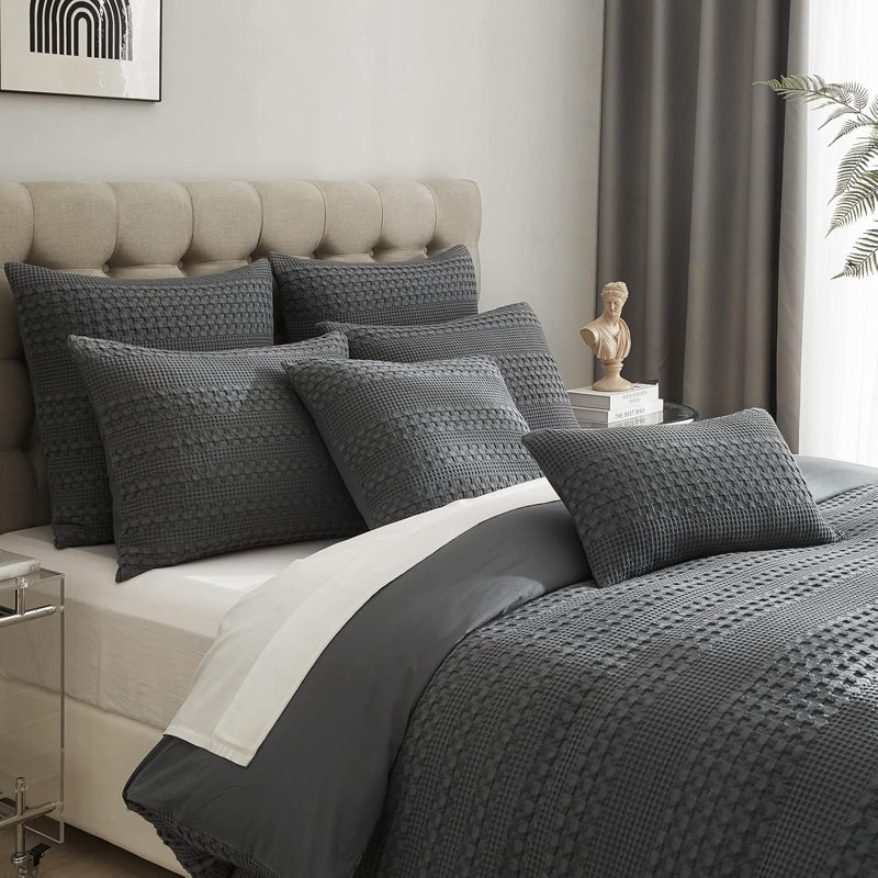 Taies d'oreiller tissées gaufrées 100% coton, ensemble de 2 taies décoratives respirantes douces, Grand lit, gris