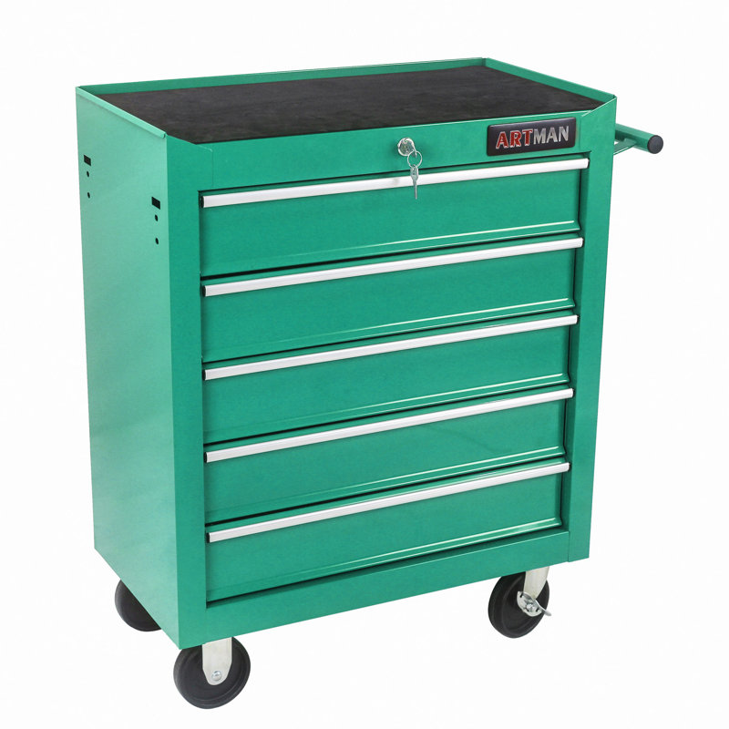 Coffre à outils à 5 tiroirs, armoire de rangement pour outils pour le garage avec 4 roues et système de verrouillage, Vert