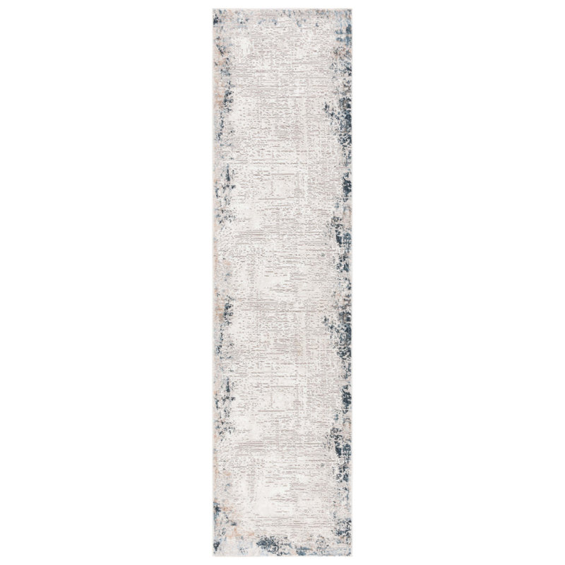 Tapis taupe / bleu en polyester tissé à la machine Kalossi, Tapis de couloir 2 pi x 8 pi