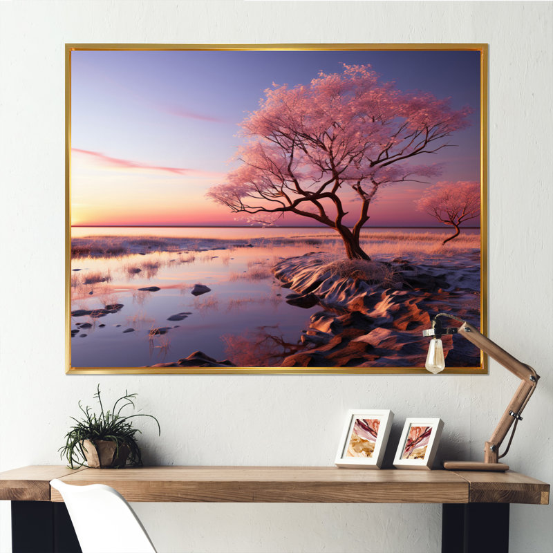 Coucher de soleil rose au crépuscule au bord du lac - reproduction, Cadre flottant doré, H 16 po x l 32 po x P 1 po