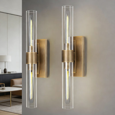 Brass Wall Sconces Set Of Two - 2-Light Tube Wall Lights For Bathroom, Bedroom, Vanity, Hallway With Clear Glass Shades