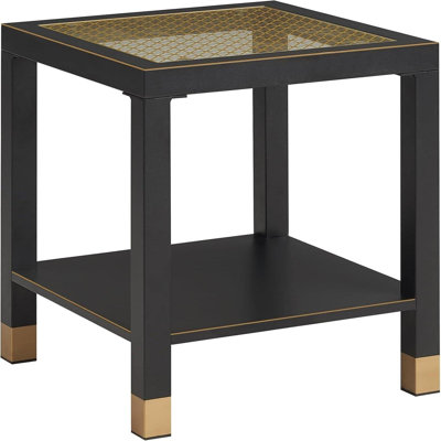 Square Side Table With Shelf, Boho Style Side Table For Living Room, Tempered Glass End Table With Metal Frame, Nightstand For Bedroom, 2-Tier, Black
