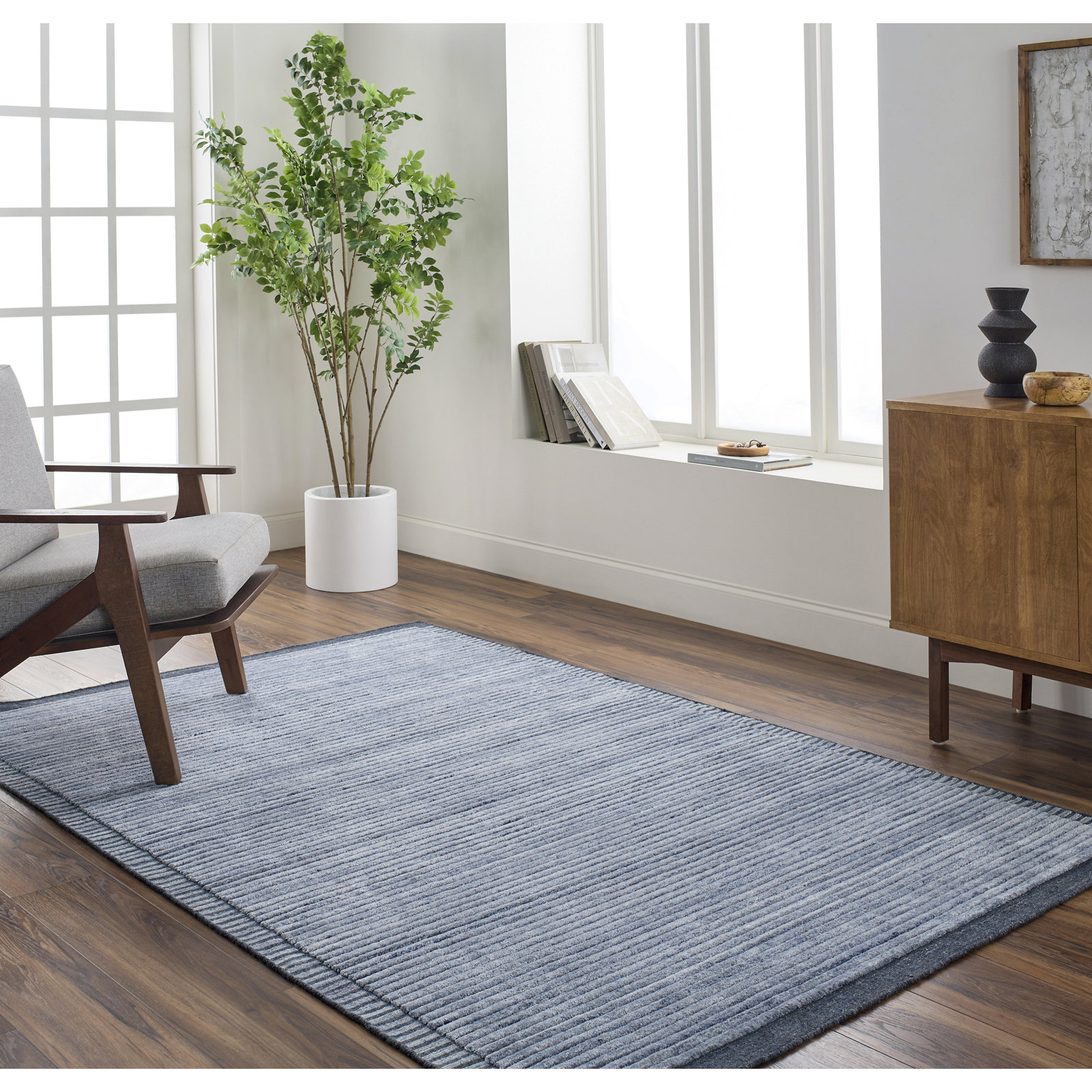 Felipa Hand-Knotted Blue Striped Rug, Rectangle 5' x 7'6"