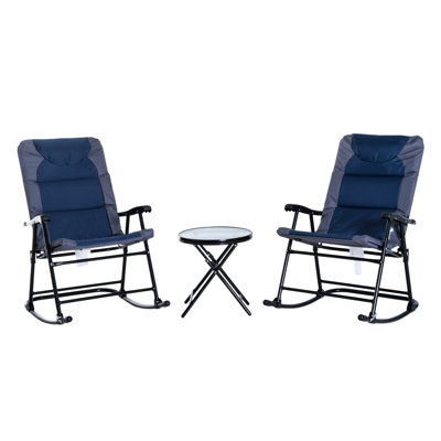 Navy Blue Outdoor Patio Furniture With 2 Rocking Chairs & Table, For Porch, Camping, Balcony Use 3 Piece Folding Glass Coffee Bistro Style, Balcony, L
