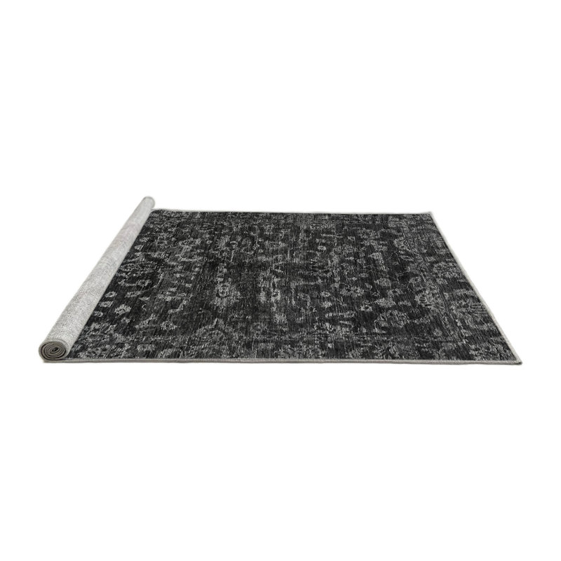Tapis oriental en chenille / polyester tissé à la machine en gris / noir Lyndzie, Carré 8 pi
