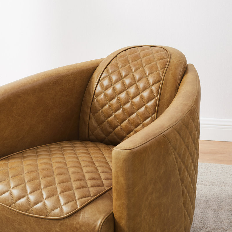 Paynesville Tufted Genuine Leather Upholstered Accent Arm Barrel Chair, Light Brown