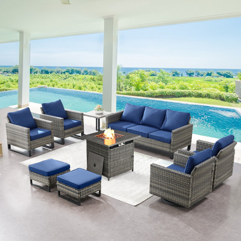 Ingvald Wicker 7 - Person Patio Conversation Set with Cushions, Blue