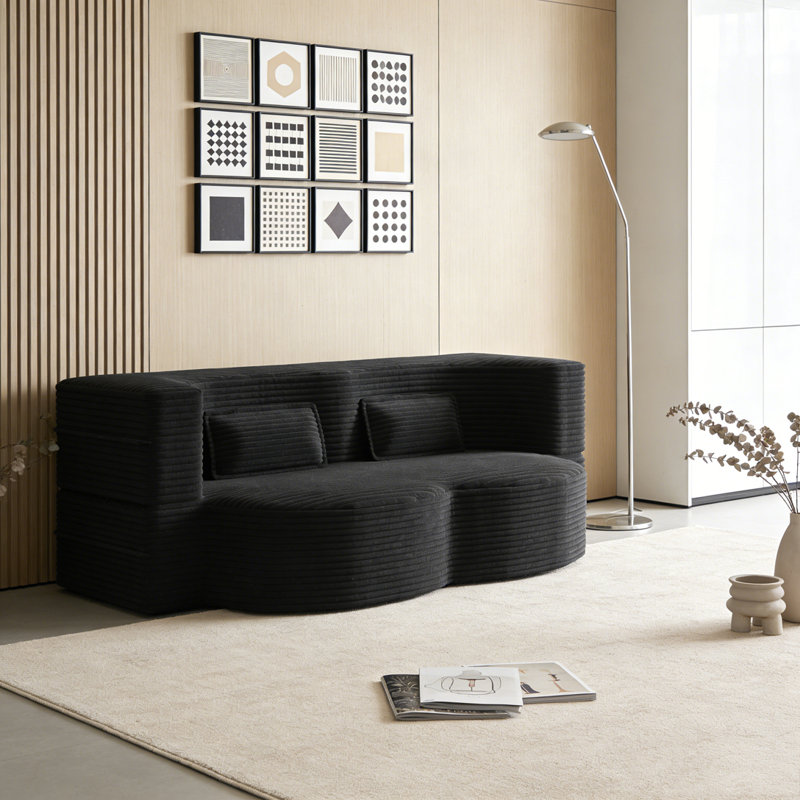 Modern Floor Sofa with 2 Pillows, Corduroy, Black