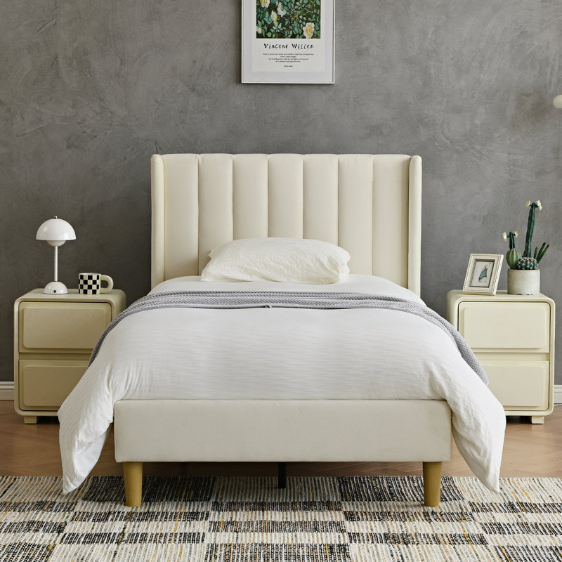 Torrick Upholstered Platform Bed with Tufted Wingback Headboard, Cream Velvet, Twin